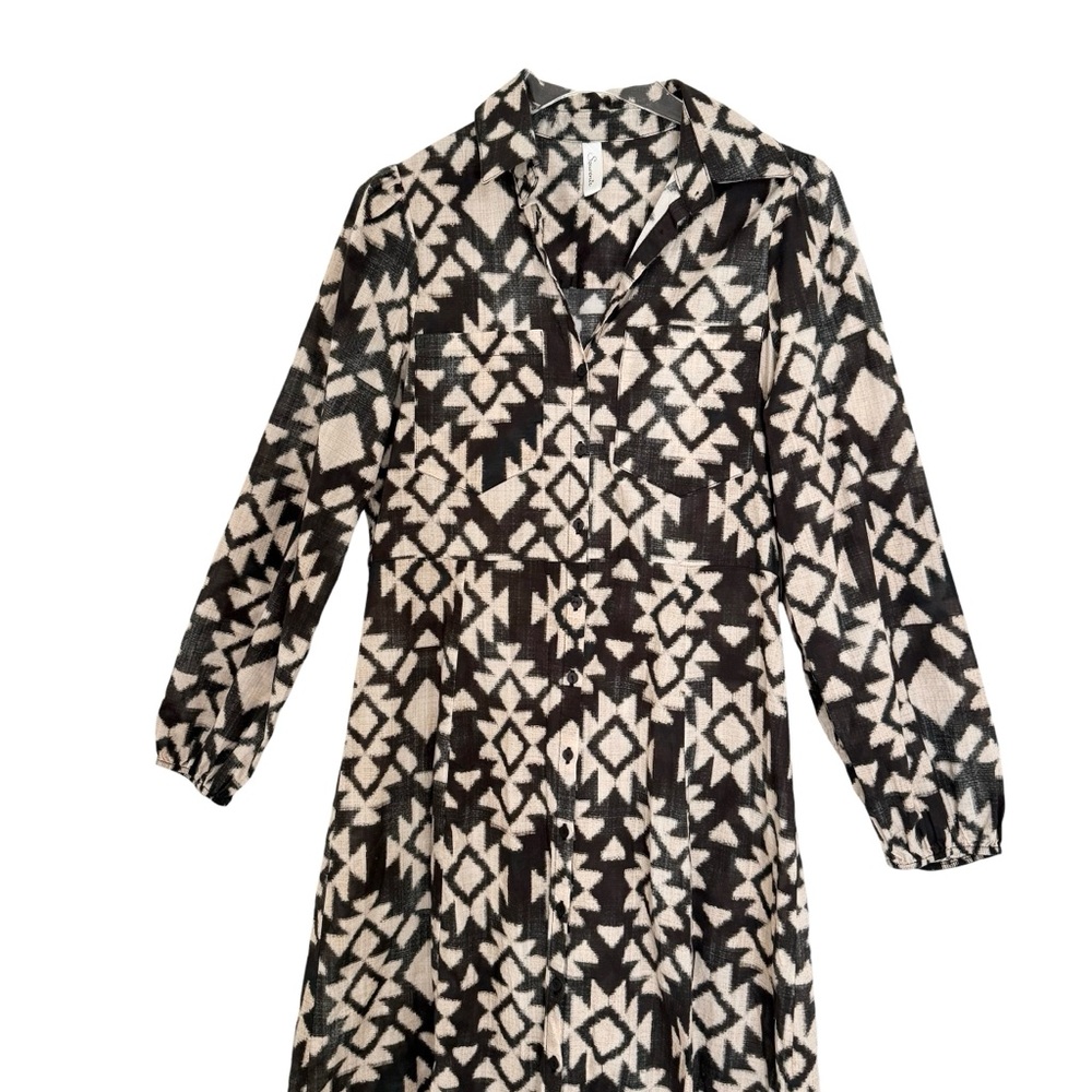 100% Cotton Maxi Black & Tan Southwest Patterned Long Sleeve Dress Size Small